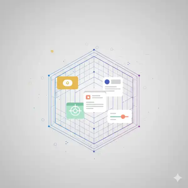 Elementos gráficos modulares e organizados representando a espinha dorsal de um sistema de design escalável.